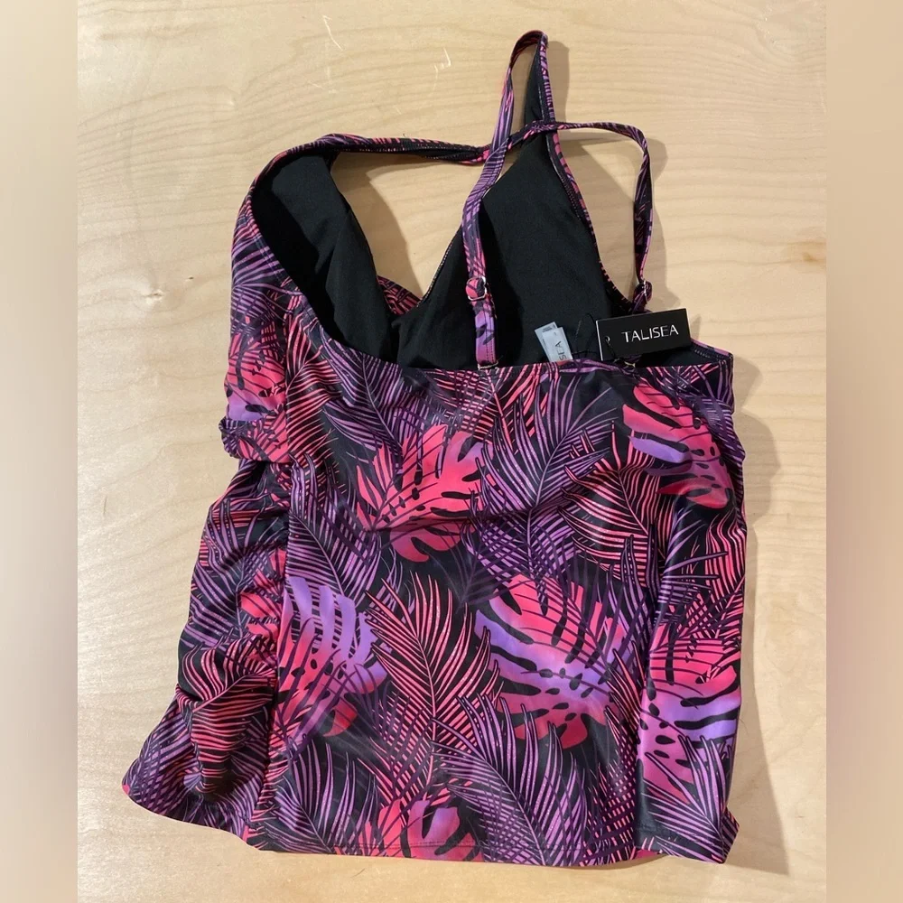 Talisea Pink and Purple Leaf Print Swim Top Large (OO)